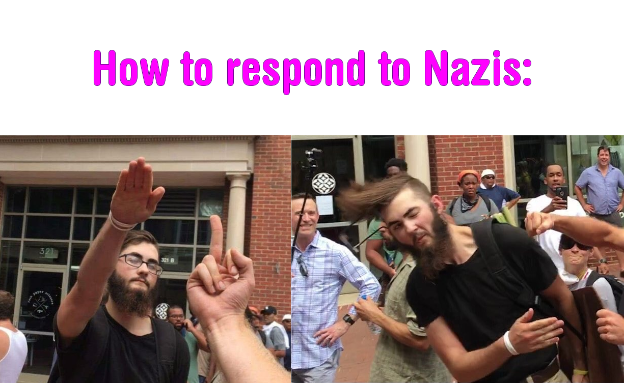 This meme is a humorous take on the common internet reaction to encountering Nazis online. The image shows a person reacting to being called a Nazi by flipping the bird, but with a twist: instead of just flipping the bird, they're also giving the Nazi salute, a gesture that is often associated with the Nazi Party in Germany during World War II.  The text that appears in the image is "How to respond to Nazis:". The meme is likely meant to be humorous and ironic, poking fun at the idea that responding to Nazis with a Nazi salute is a clever or effective way to deal with them.